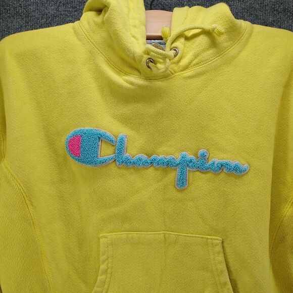 Champion Reverse Weave Mens Hoodie XS Yellow Big Embroidered Logo - Picture 3 of 14